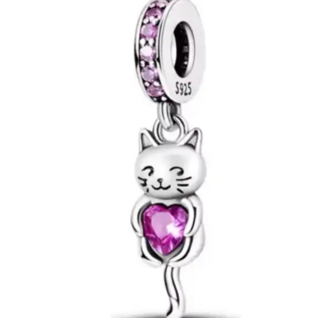 Charming Silver Cat Bracelet With Pink Gemstone